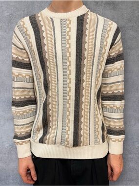 Hollister Cream, Beige & Gray Patterned Men's Crewneck Sweater